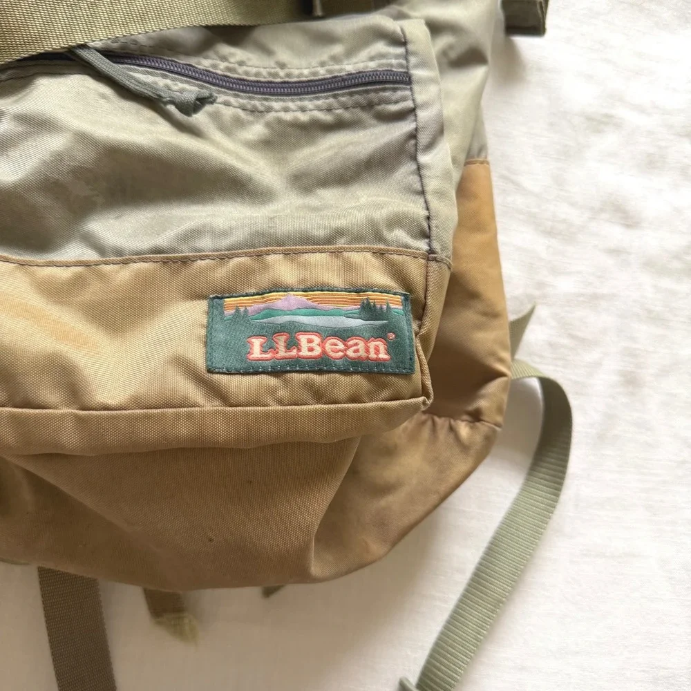 Vintage 80's LL Bean Rucksack Backpack Olive Green Tan Nylon Korea LLB 0760 Mens